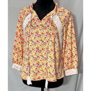 Always Indigo, Yellow and Pink Flowered Hippy Blouse, Size Small